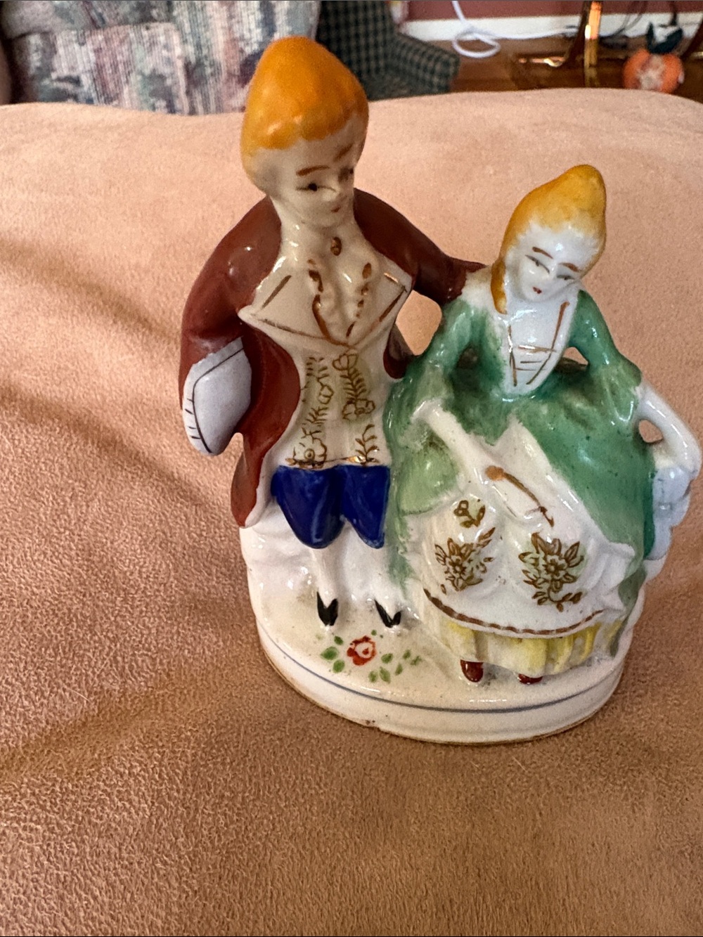 Vintage Porcelain Couple Figurine in Green and Brown - Decorative Home Art